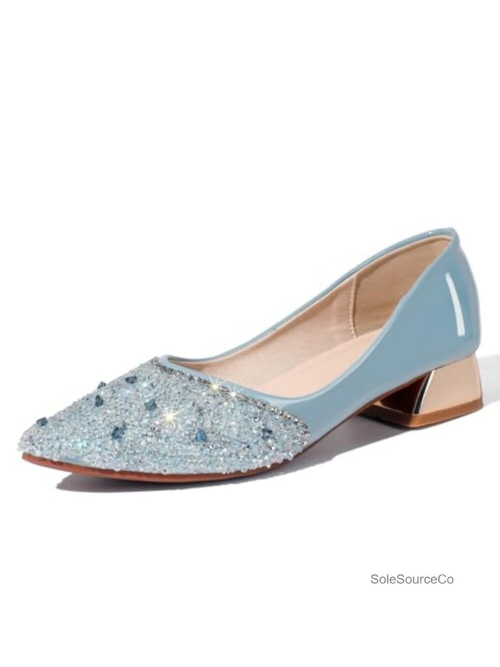 Rhinestone Sequins Pointed Toe Chunky Low Block Heel Wedding Pumps
